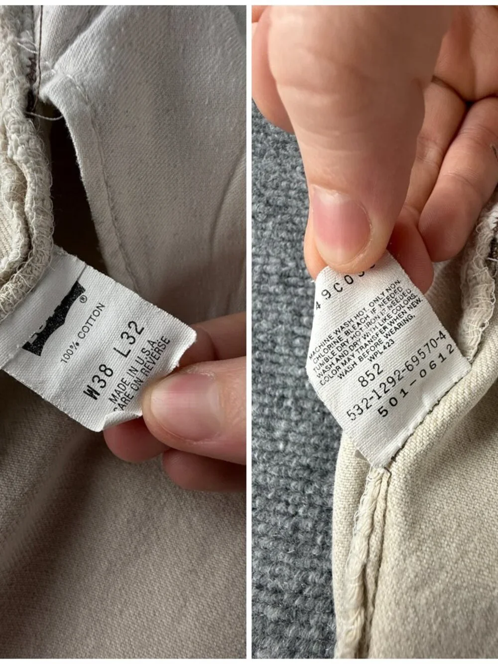 VTG Levi’s 501 Denim Jeans Beige Red Tab USA Made 1992 Button Fly ACTL 34X31